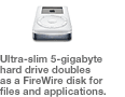 Ultra-slim 5-gigabyte hard drive doubles as a FireWire disk for files and applications.